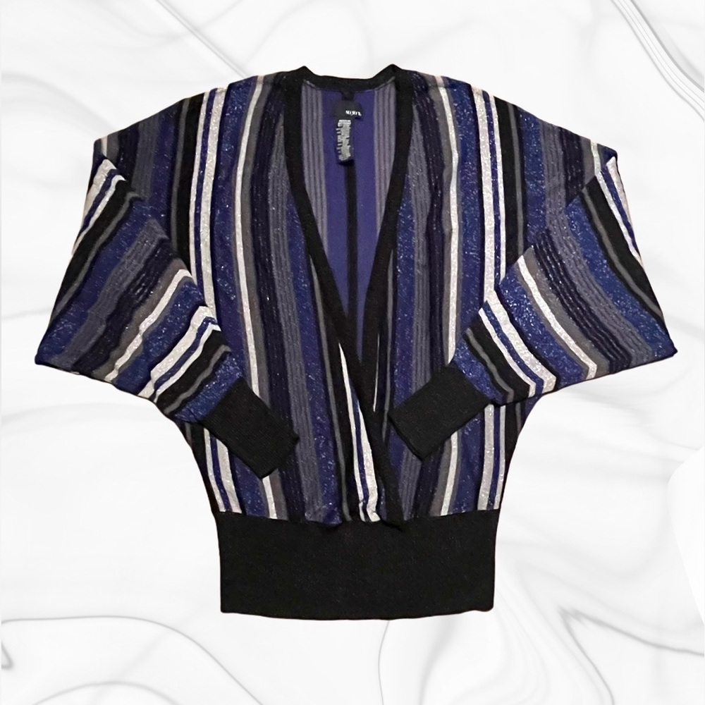 Mixit Blue Multi-Colored Striped Deep V Neck Sweater.